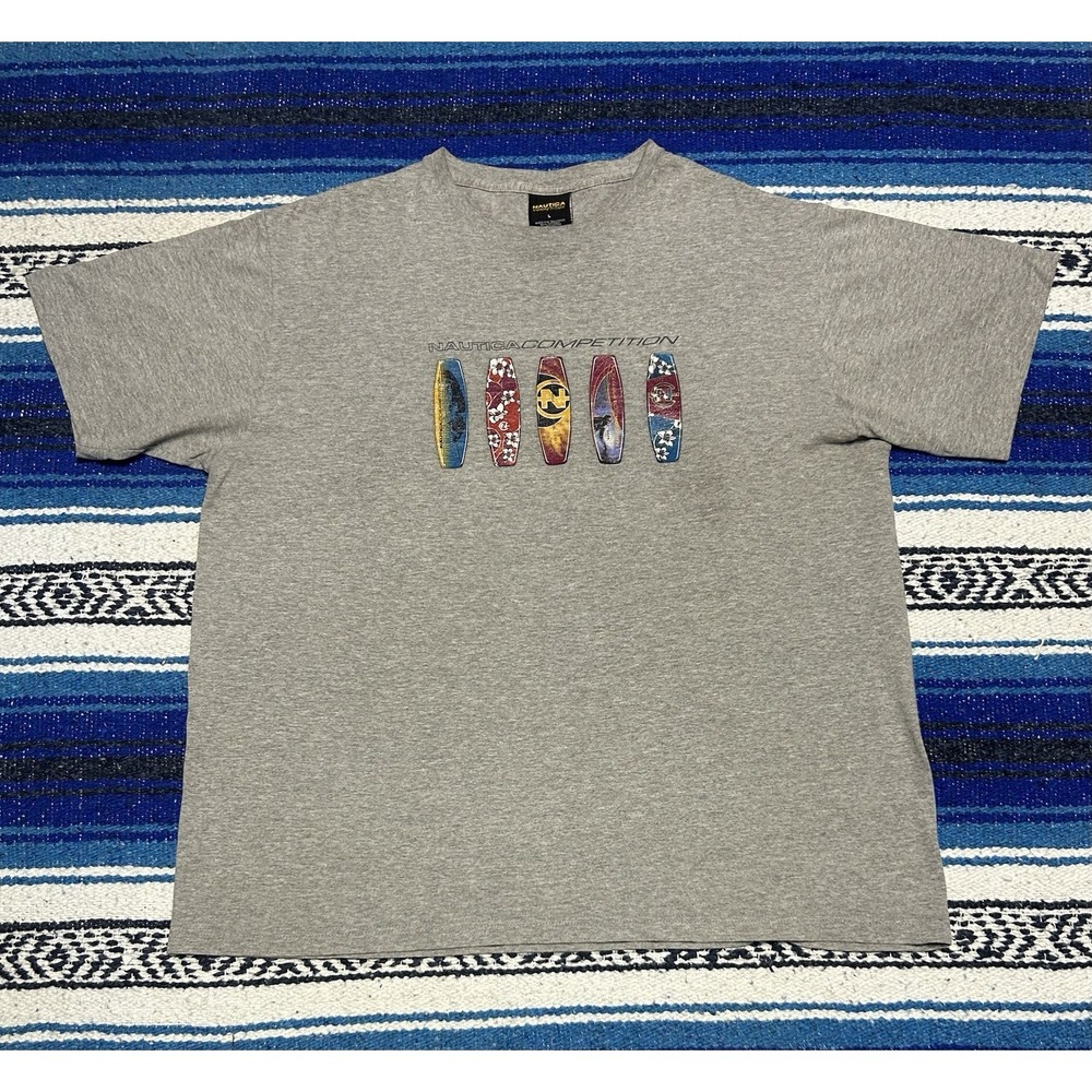 Vintage Nautica Surfboard T Shirt Sz Large Competition Surfing Skater 90s Gray
